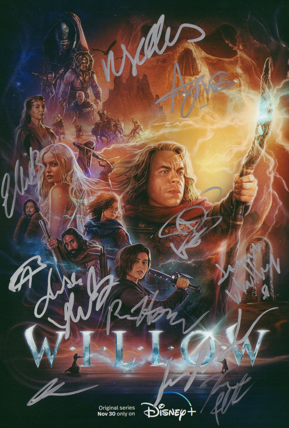 Willow 12x18 Photo Cast Signed by Ron Howard, Warwick Davis, Ruby Cruz, Dempsey Byrk, Joanne Whalley, Ellie Bamber, Tony Revolori, Annabelle Davis, Rosabel Laurenti Sellers, Amar Chadha-Patel, & Kevin Pollak