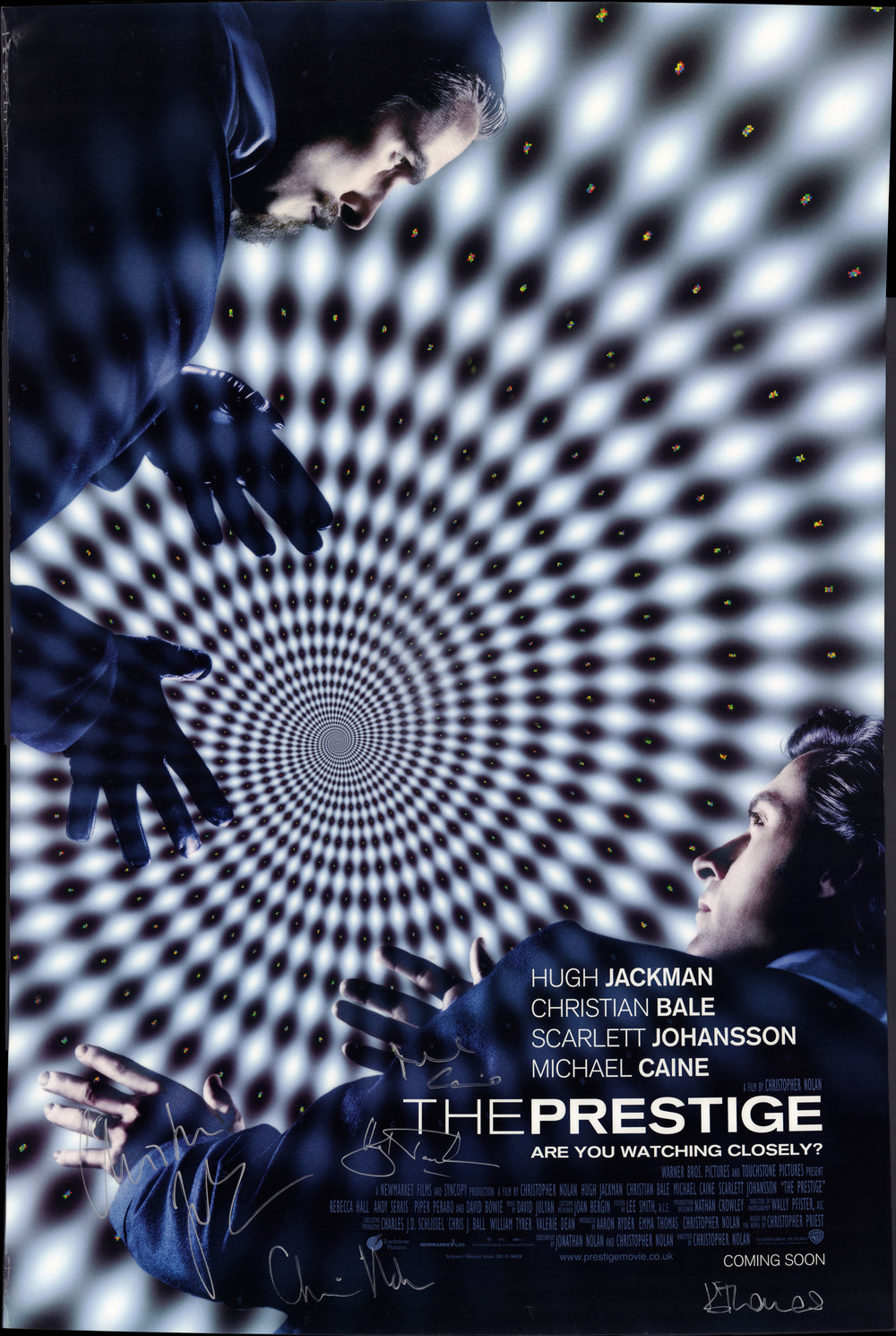 The Prestige 27x40 Double Sided Poster Signed by Christopher Nolan, Emma Thomas, Michael Caine, Christian Bale, & Hugh Jackman