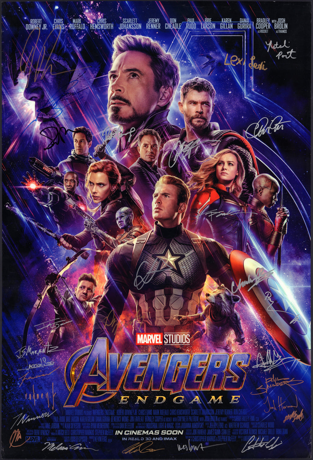 Avengers: Endgame 27x40 Poster Signed by Robert Downey Jr., Chris Hemsworth, Chris Pratt, Josh Brolin, Natalie Portman, Pom Klementieff, Joe Russo, Paul Rudd, & Chadwick Boseman