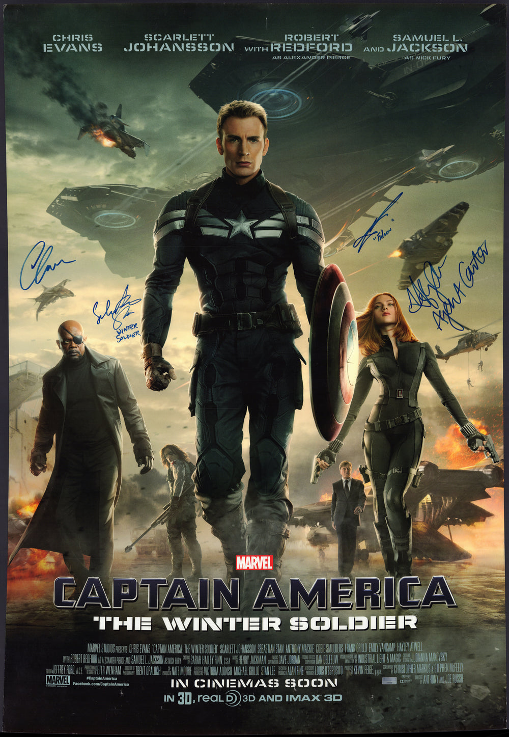 Captain America: The Winter Soldier 27x40 Poster (Celebrity Authentics) Signed by Chris Evans, Sebastian Stan, Anthony Mackie, and Hayley Atwell