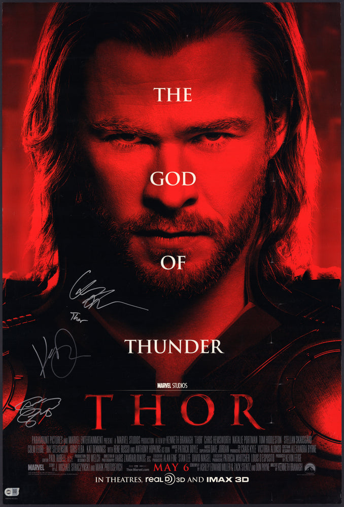 
                  
                    Thor 27x40 Double Sided Poster Cast (SWAU Witnessed) Signed by Chris Hemsworth, Stellan Skarsgard, & Kat Dennings with Character Name
                  
                
