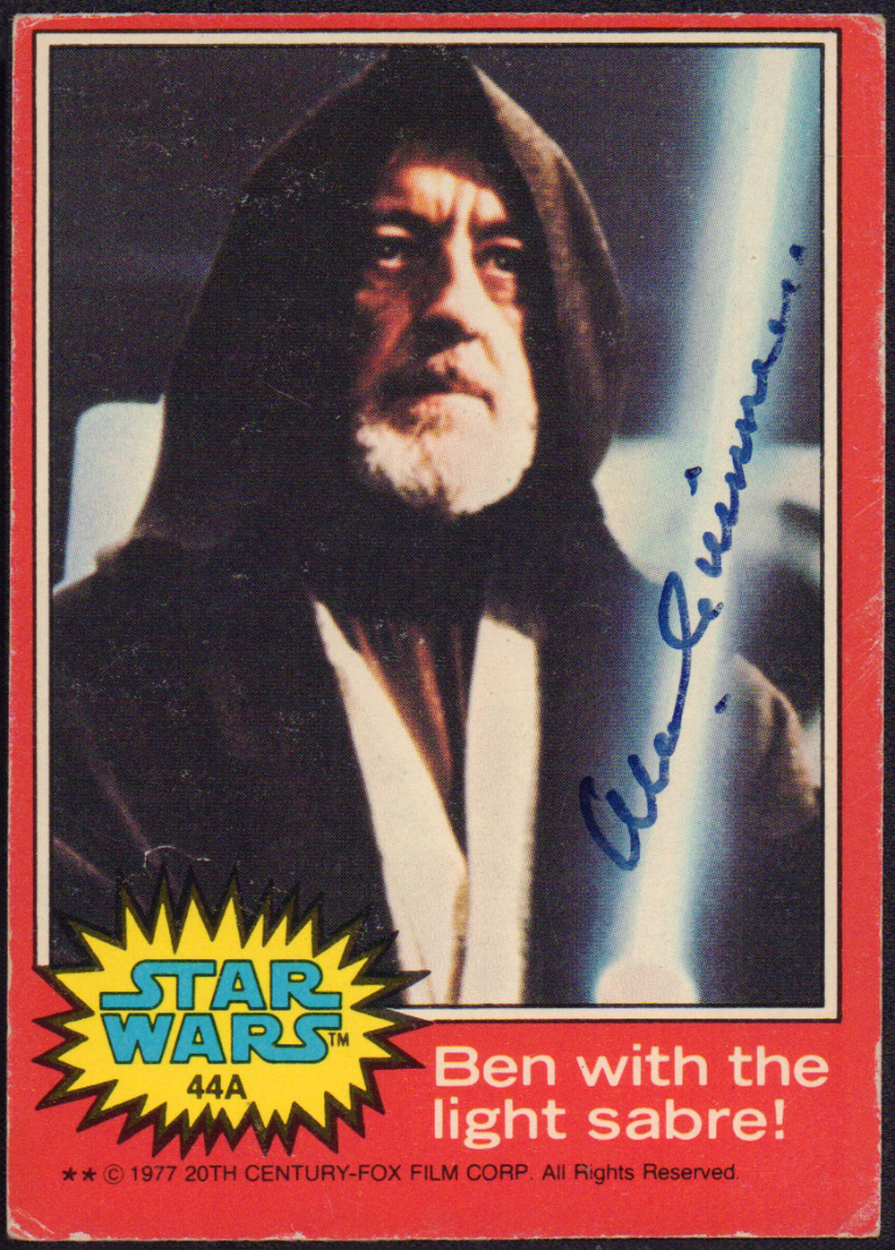 Alec Guinness as Obi-Wan Kenobi with Lightsaber in Star Wars: A New Hope Signed Topps Series 2 Red Trading Card
