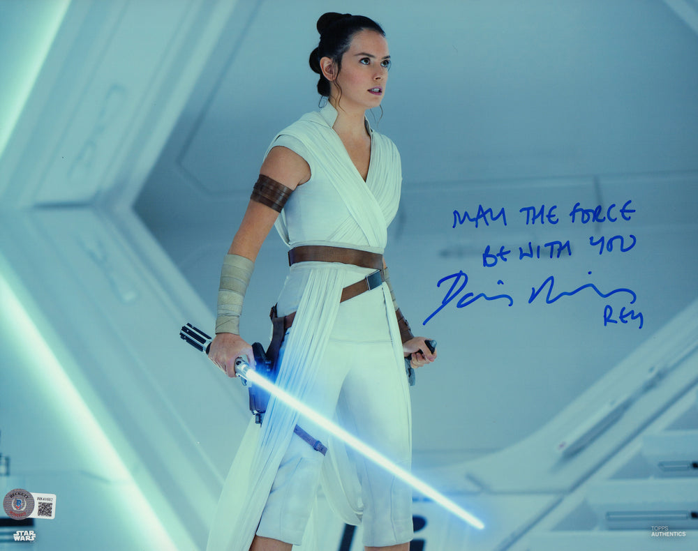 Daisy Ridley as Rey in Star Wars: The Rise of Skywalker (Beckett Witnessed) Signed 11x14 Photo with Character Name & MTFBWY Quote