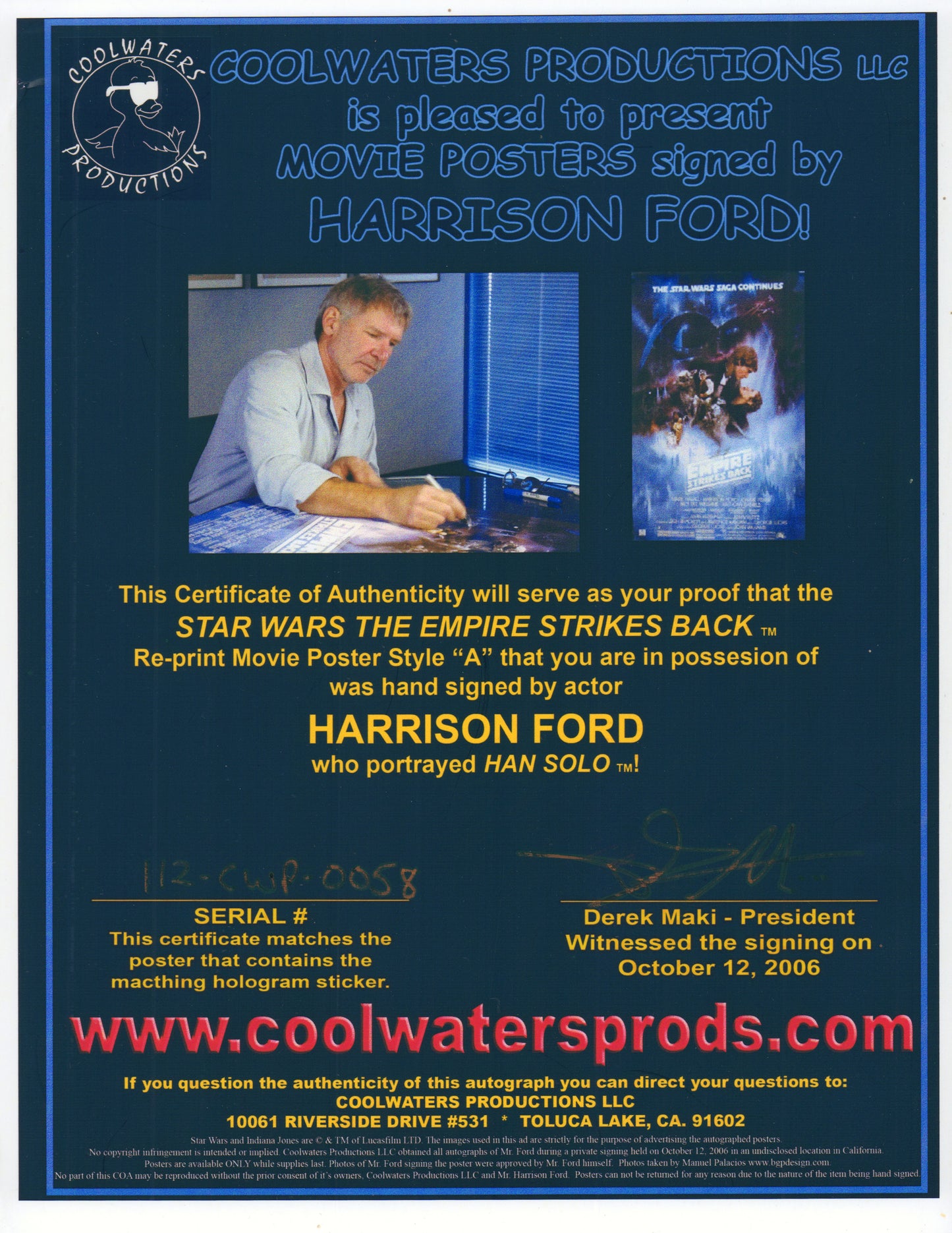 
                  
                    Harrison Ford as Han Solo in Star Wars: The Empire Strikes Back (Coolwaters) Signed Reprint Poster
                  
                