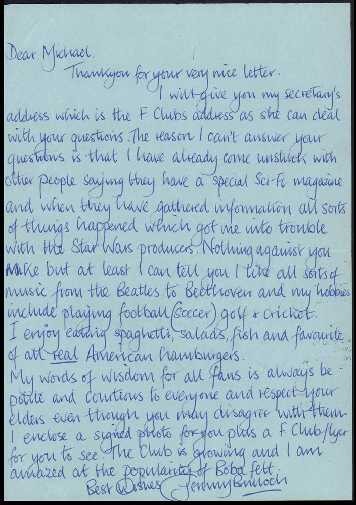 
                  
                    Jeremy Bulloch as Boba Fett in Star Wars: The Empire Strikes Back Signed Personal Letter with Index Card & Envelope
                  
                