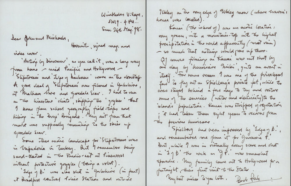 Bob Peck as Robert Muldoon in Jurassic Park Signed Personal Letter with Notes about Steven Spielberg & Jurassic Park - Rare