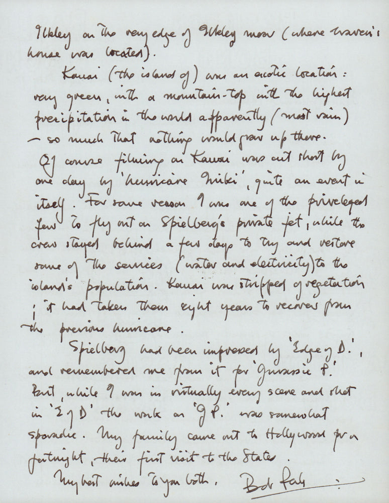 
                  
                    Bob Peck as Robert Muldoon in Jurassic Park Signed Personal Letter with Notes about Steven Spielberg & Jurassic Park - Rare
                  
                