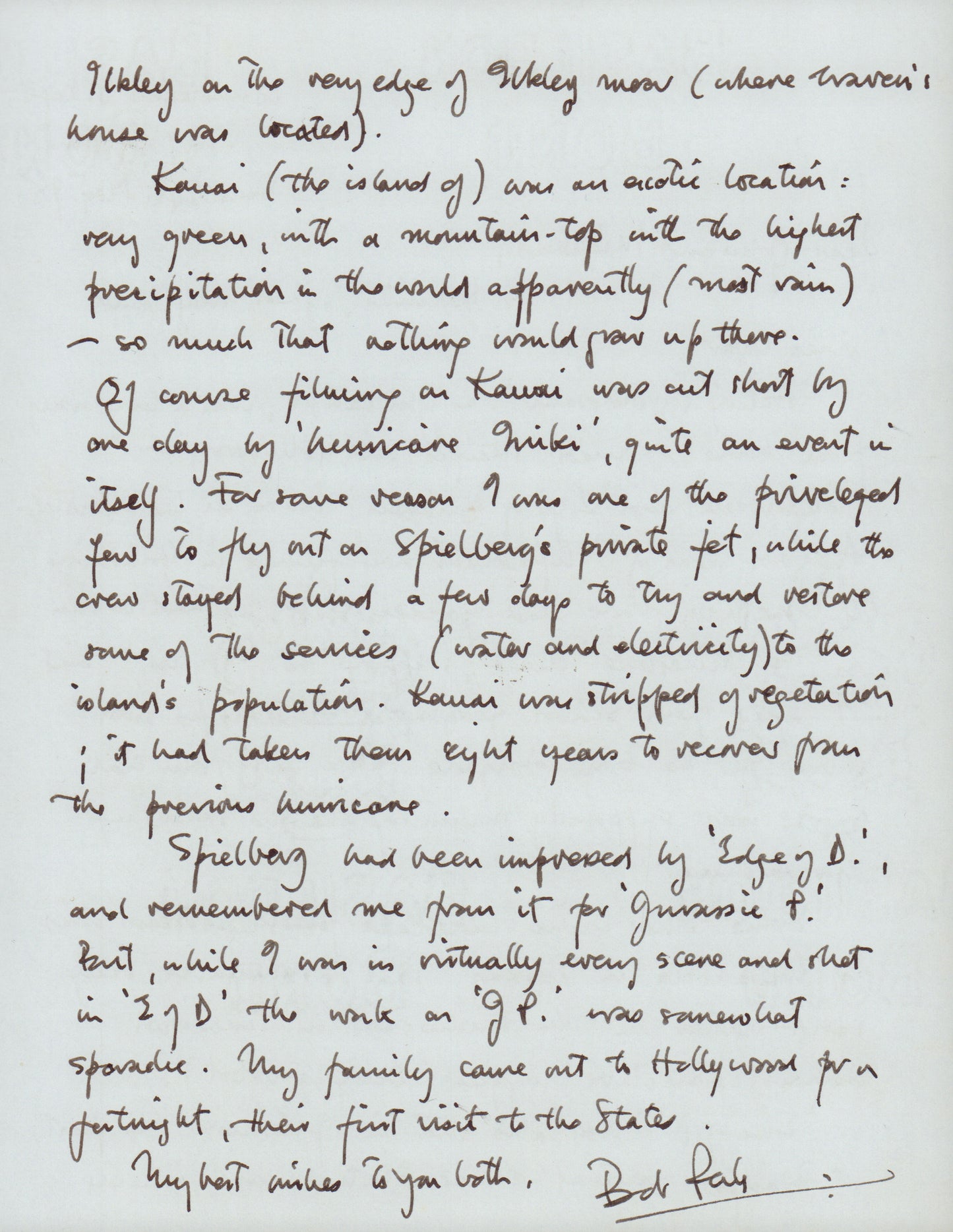 
                  
                    Bob Peck as Robert Muldoon in Jurassic Park Signed Personal Letter with Notes about Steven Spielberg & Jurassic Park - Rare
                  
                