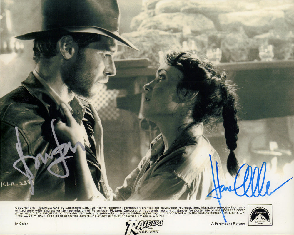 Harrison Ford as Indiana Jones with Karen Allen as Marion Ravenwood in Raiders of the Lost Ark Signed 8x10 Photo