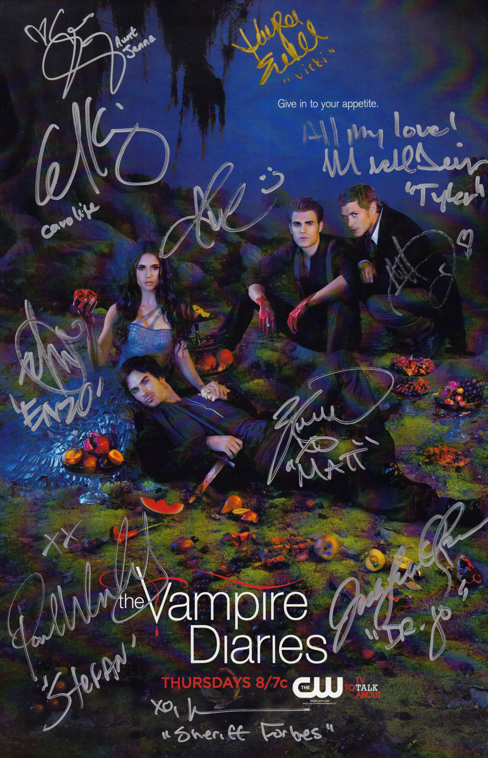 Vampire Diaries 11x17 Mini Poster Cast Signed by Paul Wesley, Candice King, Michael Trevino, Marguerite MacIntyre, Jodi Lyn O’Keefe, Zach Roerig, Michael Malarkey, Matt Davis, Arielle Kebbel, Sara Canning, & Kayla Ewell with Character Names