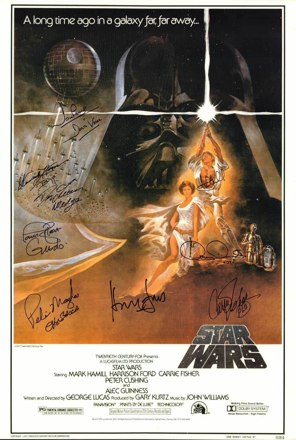 Star Wars: A New Hope 27x40 Poster Signed by Harrison Ford, Carrie Fisher, Mark Hamill, Peter Mayhew, Anthony Daniels, & Dave Prowse