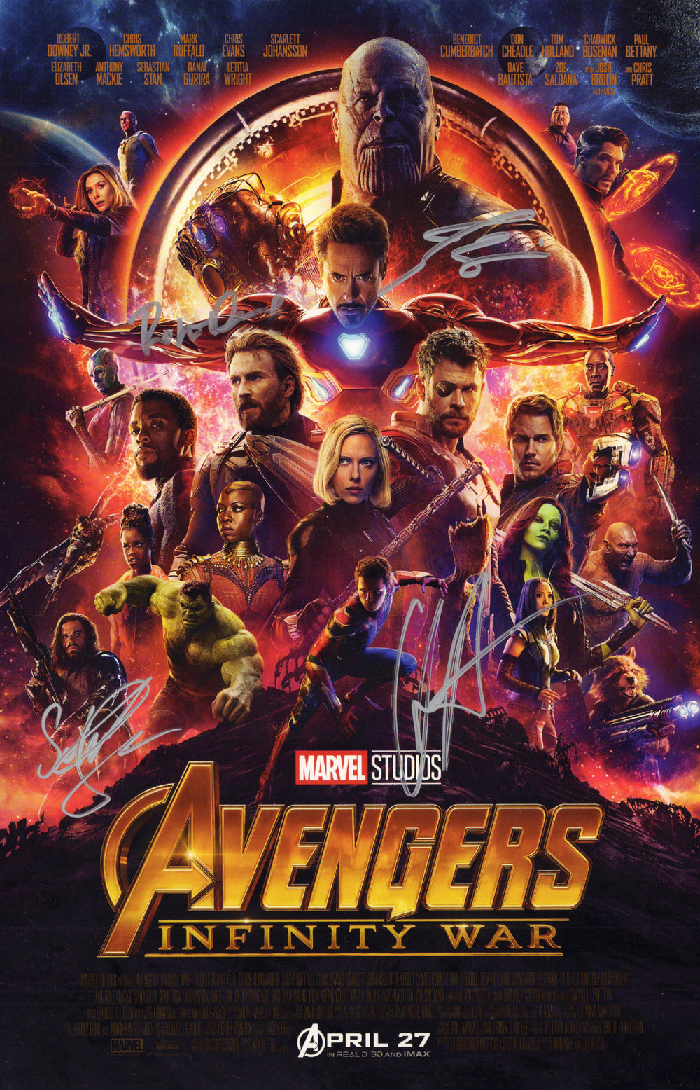 Avengers: Infinity War 11x17 Mini Poster (SWAU Authenticated) Signed by Robert Downey Jr., Chris Hemsworth, Sebastian Stan, and Josh Brolin