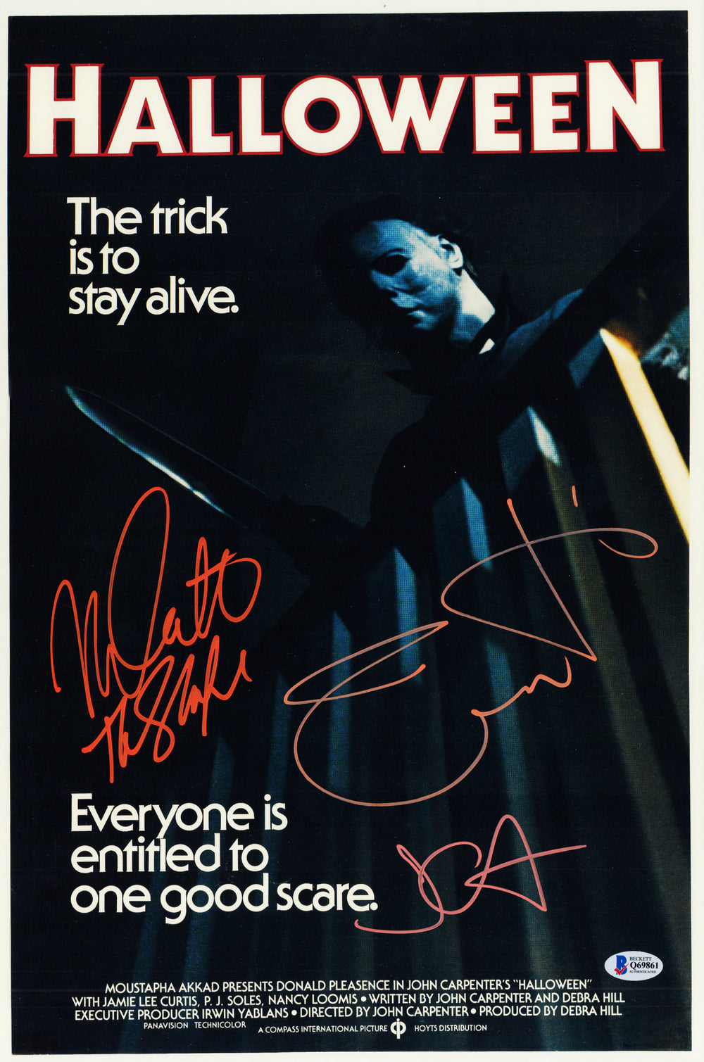 Halloween 12x18 Mini Poster Cast Signed by Actors: Jamie Lee Curtis & Nick Castle and Director: John Carpenter