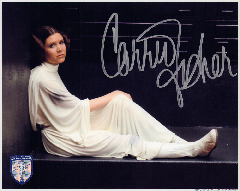 Carrie Fisher as Princess Leia in Star Wars: A New Hope (Official Pix Lightsaber Shield) Signed 8x10 Photo