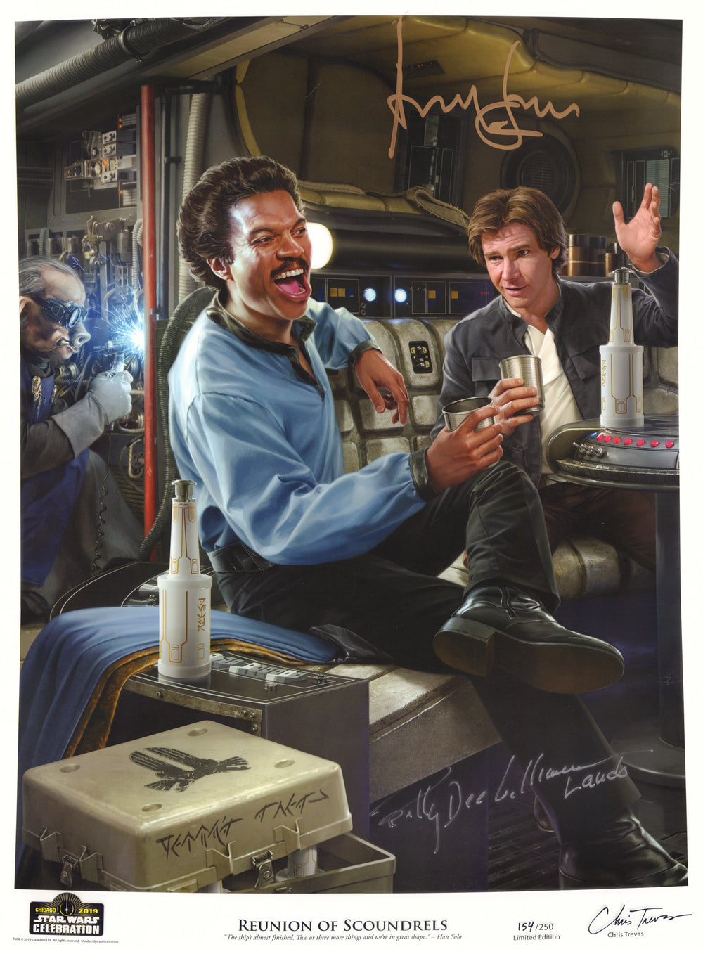 Harrison Ford as Han Solo & Billy Dee Williams as Lando in Star Wars: The Empire Strikes Back 'Reunion of Scoundrels' by Chris Trevas Signed Star Wars Celebration 2019 (Beckett Witnessed) Signed Limited Edition #154 / 250 18x24 Print