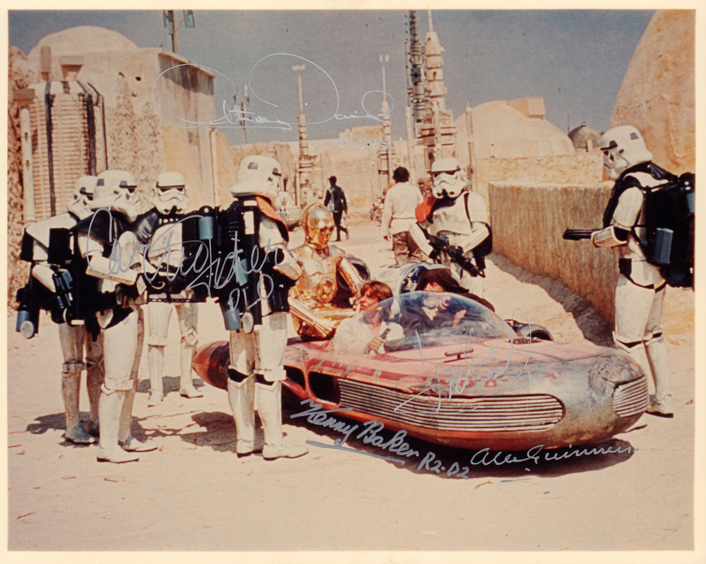 Star Wars: A New Hope Mos Eisley 8x10 Photo Cast (Official Pix / Beckett) Signed by Alec Guinness, Mark Hamill, Kenny Baker, Anthony Daniels, & Carrie Fisher - Very Rare