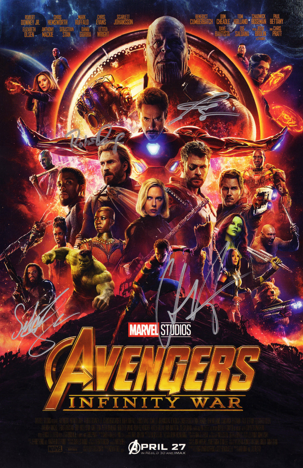 Avengers: Infinity War 11x17 Mini Poster (SWAU) Cast Signed by Robert Downey Jr., Chris Hemsworth, Sebastian Stan, and Josh Brolin