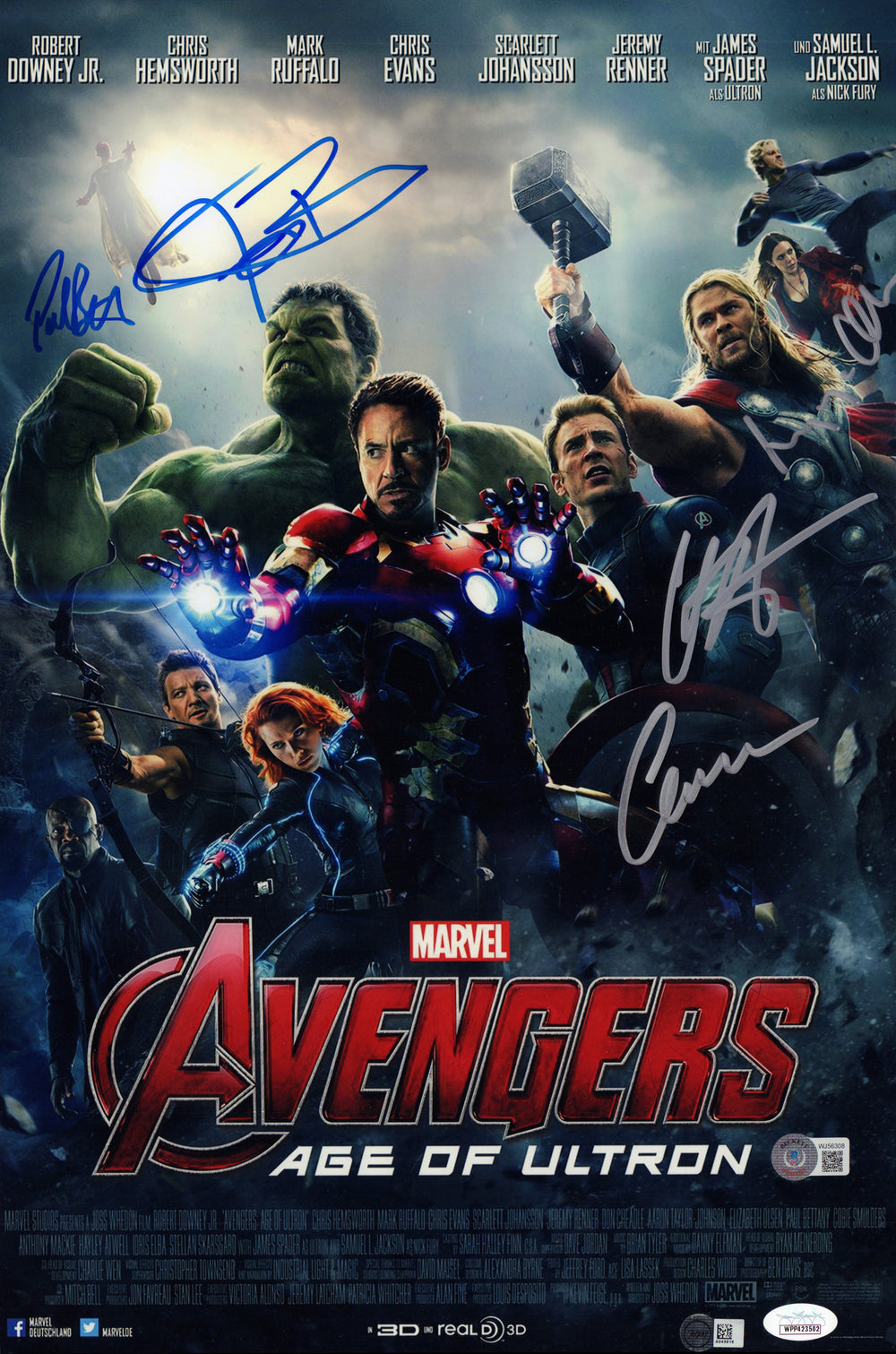 Avengers: Age of Ultron 12x18 Mini Poster (BAS / JSA Witnessed) Cast Signed by Chris Evans, Chris Hemsworth, Jeremy Renner, Elizabeth Olsen, & Paul Bettany