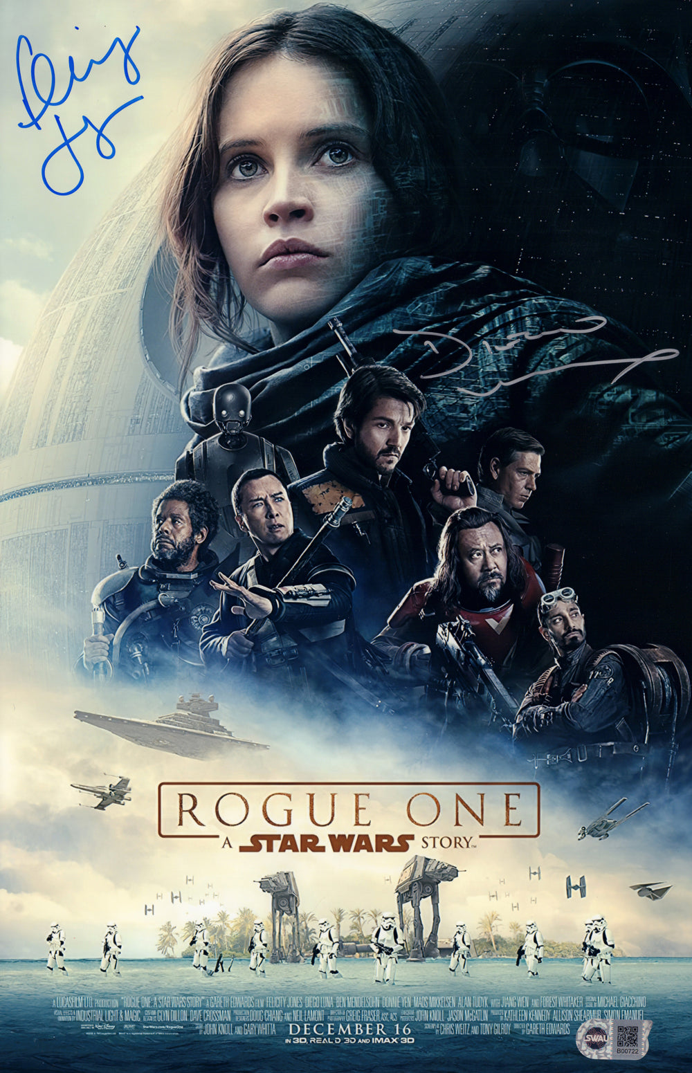 Felicity Jones as Jyn Erso & Diego Luna as Cassian Andor in Rogue One: A Star Wars Story (SWAU) Signed 11x17 Mini Poster