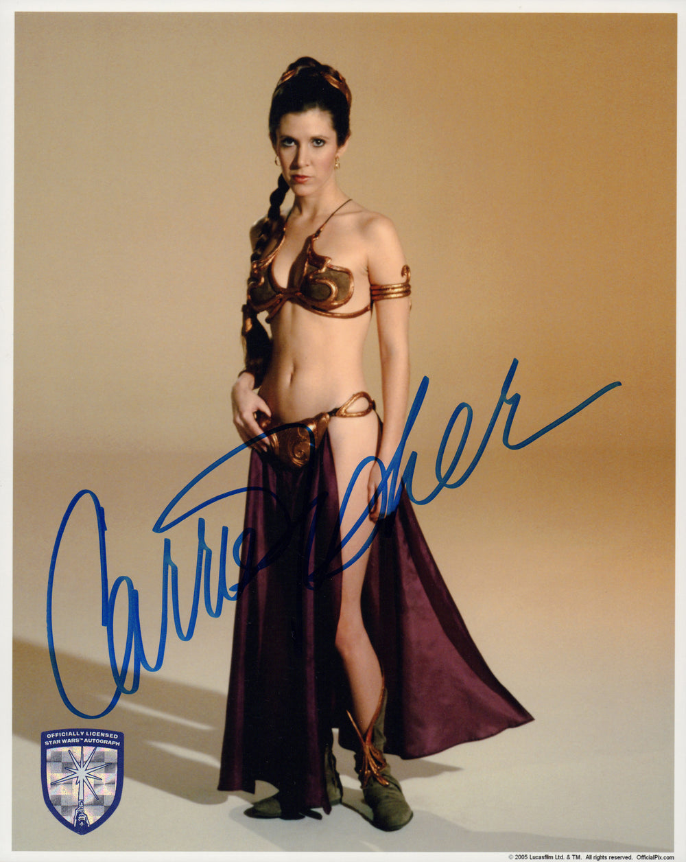 Carrie Fisher as Slave Princess Leia in Star Wars: Return of the Jedi (Official Pix Lightsaber Shield) Signed 8x10 Photo