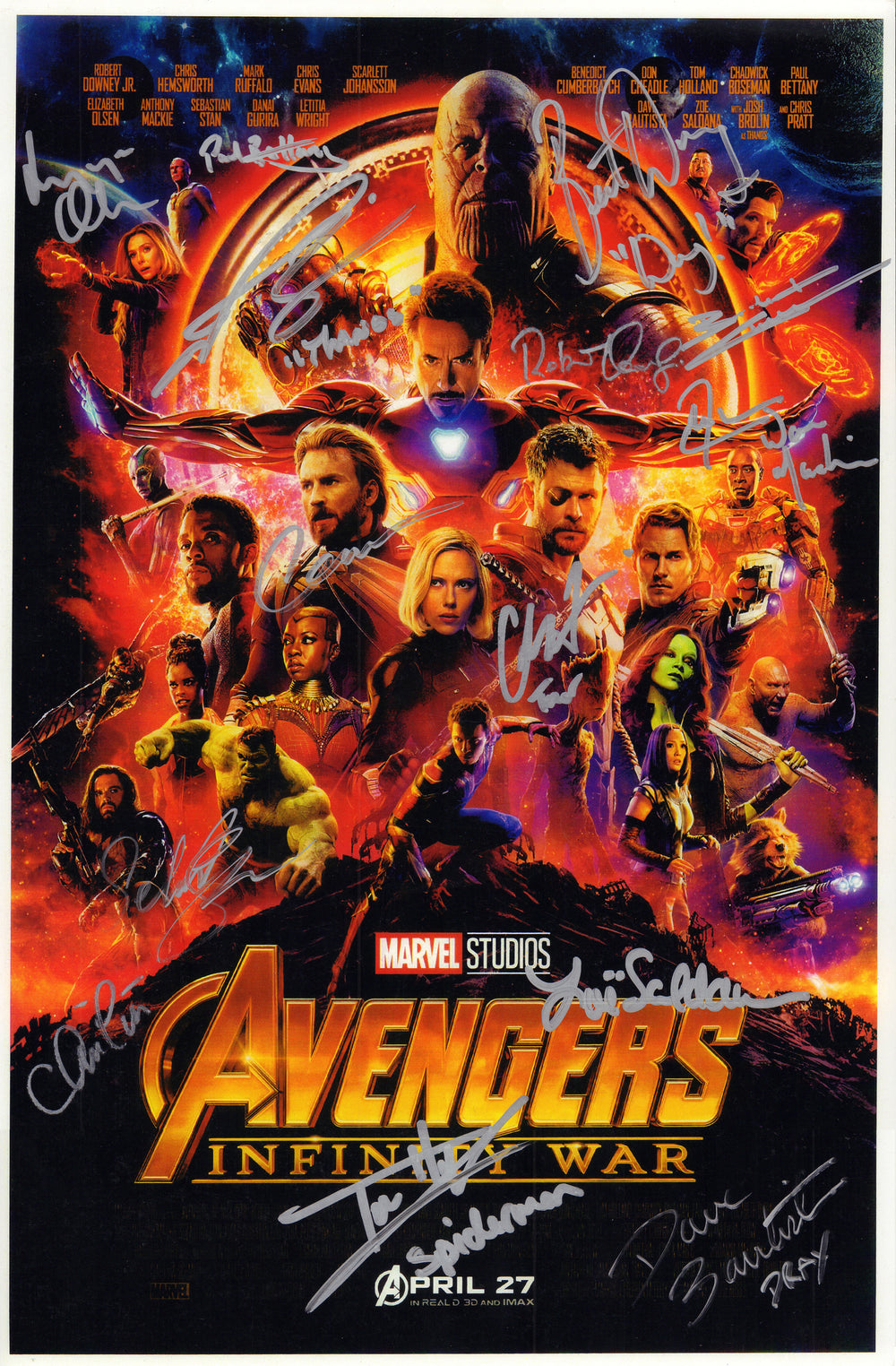 Avengers: Infinity War (SWAU) 11x17 Mini Poster Signed by Robert Downey Jr., Chris Hemsworth, Sebastian Stan, Josh Brolin, Elizabeth Olsen, Dave Batista, Chris Evans, Tom Holland, Chris Pratt, Zoe Saldana, Don Cheadle, & Others