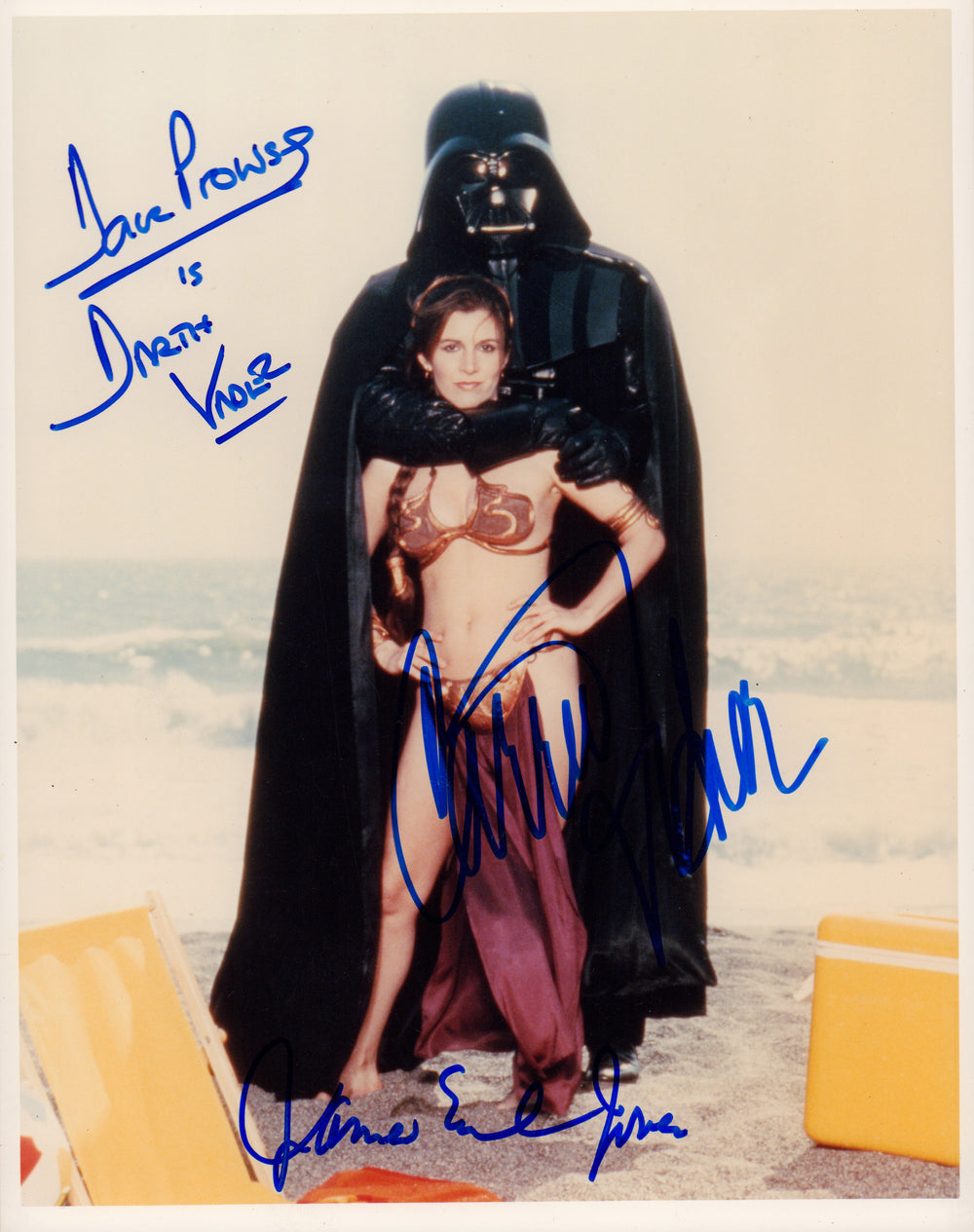 Carrie Fisher as Princess Leia with James Earl Jones & Dave Prowse as Darth Vader in Star Wars: Return of the Jedi Signed Rolling Stone Beach Shot 8x10 Photo