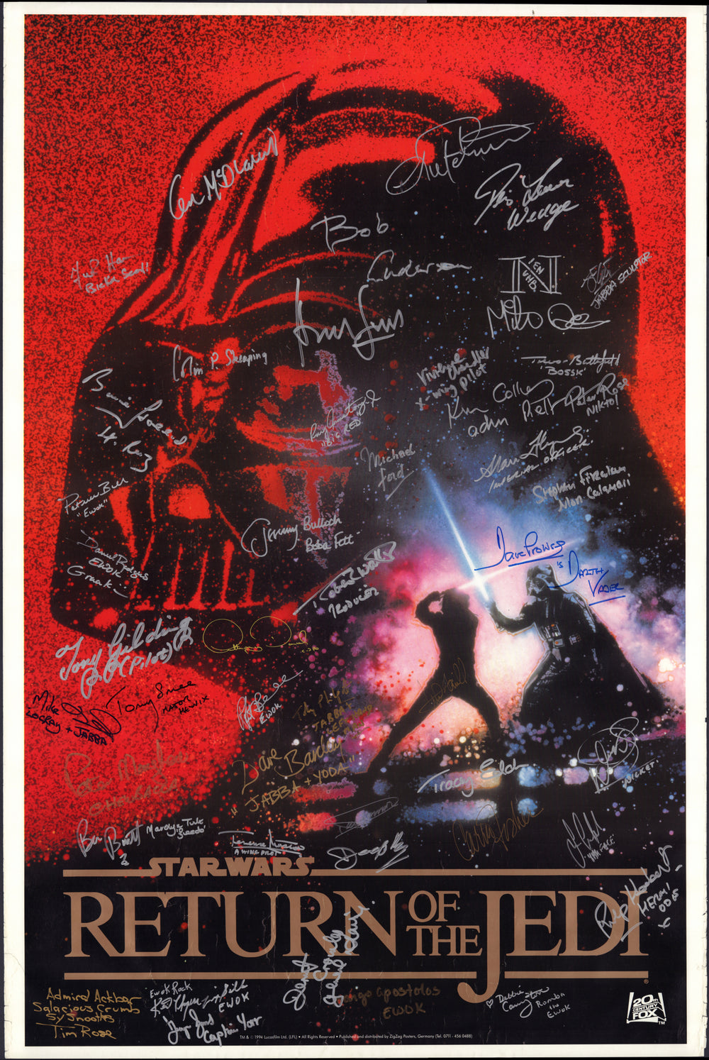 Star Wars: Return of the Jedi 27x40 Poster Cast Signed by Harrison Ford, Carrie Fisher,  Mark Hamill, lan McDiarmid, Anthony Daniels, Bob Anderson, Dave Prowse, Peter Mayhew, Jeremy Bulloch, & More