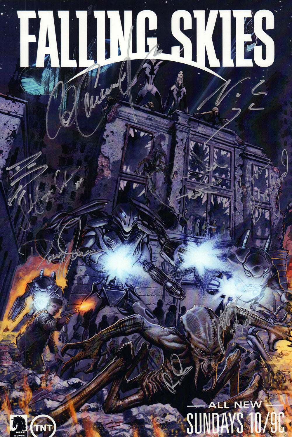 Falling Skies 11x17 Mini Poster Cast Signed by Noah Wyle, Colin Cunningham, Sarah Carter, Doug Jones, Conner Jessup, Moon Bloodgood, Drew Roy, & Remi Aubuchon