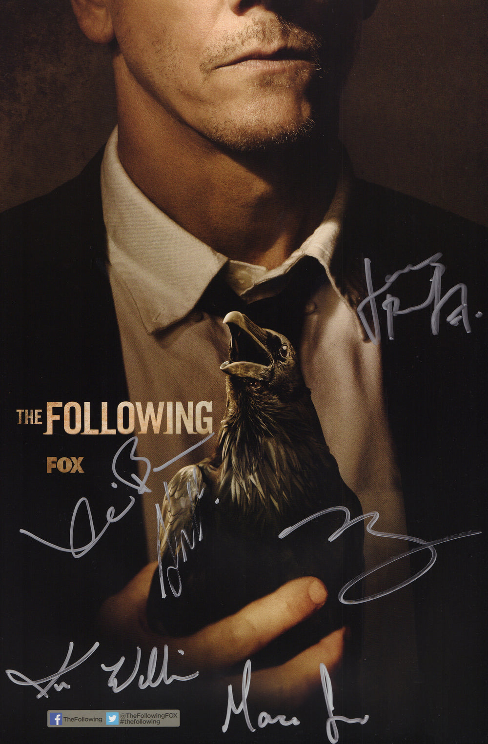 The Following 11x17 Mini Poster Cast Signed by Kevin Bacon, James Purefoy, Shawn Ashmore, Valorie Curry, Marcos Siega, & Kevin Williamson