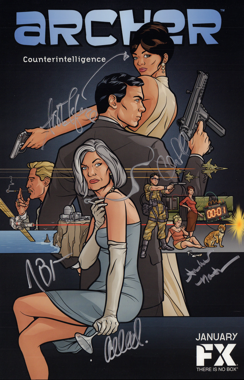 Archer 11x17 Mini Poster Cast Signed by H. Jon Benjamin, Amber Nash, Chris Parnell, Adam Reed, & Aisha Tyler