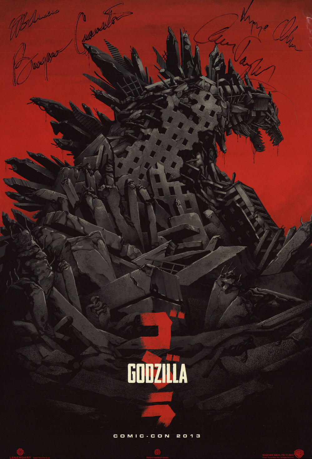 Godzilla 13x20 Mini Poster Cast Signed by Aaron Taylor Johnson, Elizabeth Olsen, Bryan Cranston, & Director: Gareth Edwards