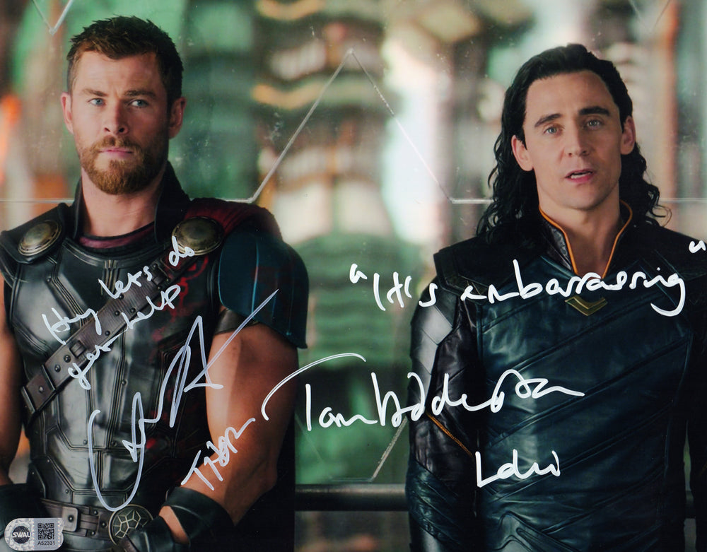 Chris Hemsworth as Thor & Tom Hiddleston as Loki in Thor: Ragnarok (SWAU) Signed 11x14 Photo with Character Names & Quotes