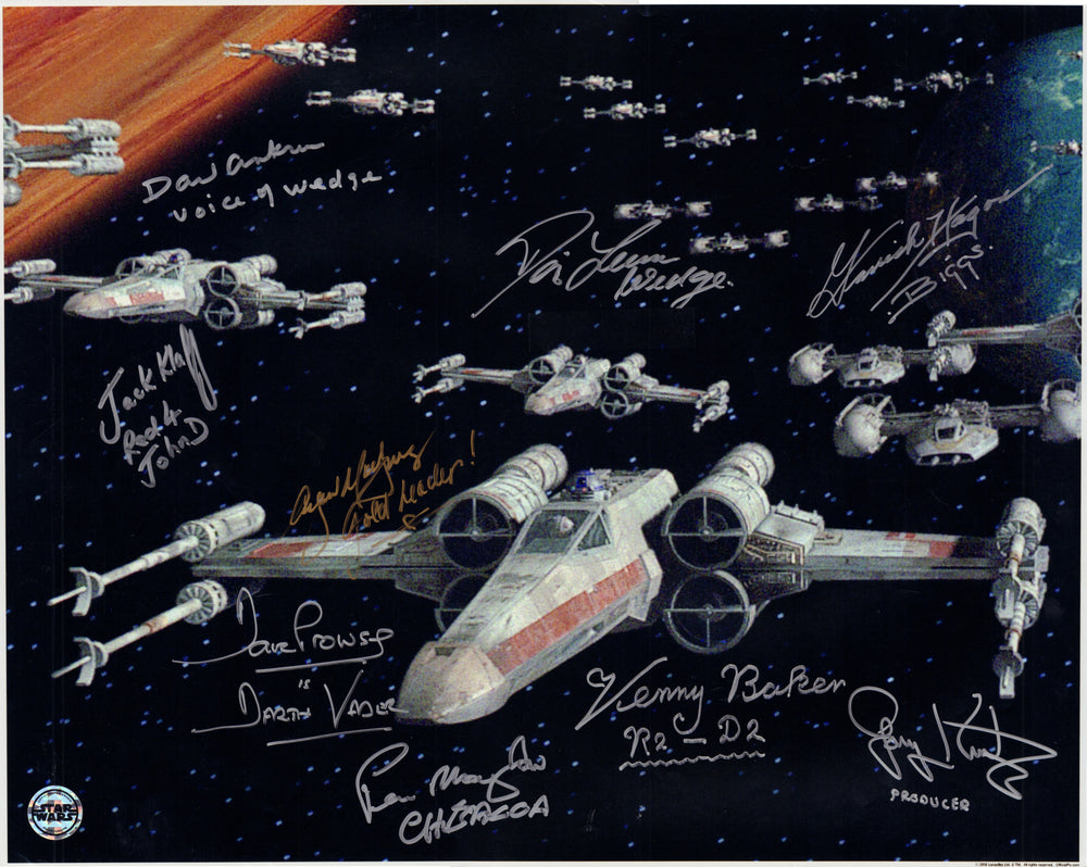 Star Wars: A New Hope Battle of Yavin (Official Pix) 16x20 Photo Cast Signed by Dave Prowse, Kenny Baker, Peter Mayhew, Gary Kurtz, Denis Lawson, David Ankrum, Jack Klaff, Garrick Hagon, & Angus MacInnes