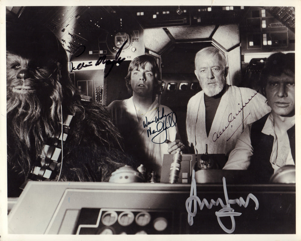 Star Wars: A New Hope Falcon Cockpit 8x10 Photo (Beckett Witnessed / K9) Signed by Alec Guinness, Harrison Ford, Mark Hamill, & Peter Mayhew - Very Rare