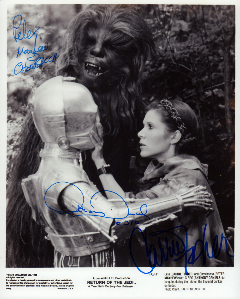 Carrie Fisher as Princess Leia, Peter Mayhew as Chewbacca, & Anthony Daniels as C-3PO in Star Wars: Return of the Jedi Signed 8x10 Press Photo