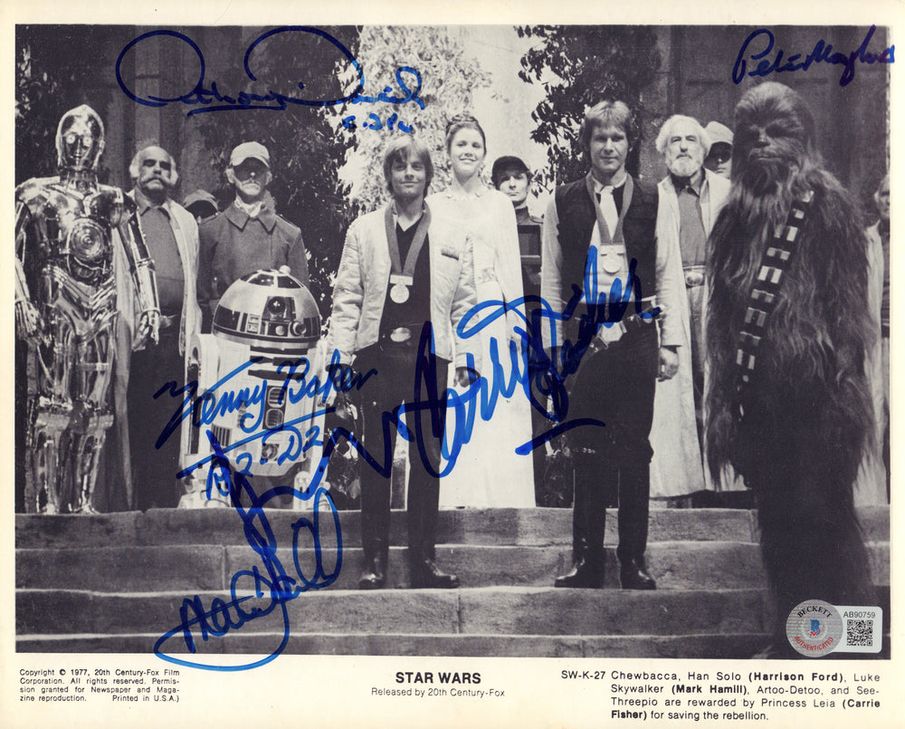 Star Wars: A New Hope Medal Ceremony (Beckett / K9) 8x10 Vintage Press Photo Cast Signed by Harrison Ford, Carrie Fisher, Mark Hamill, Kenny Baker, Peter Mayhew, & Anthony Daniels