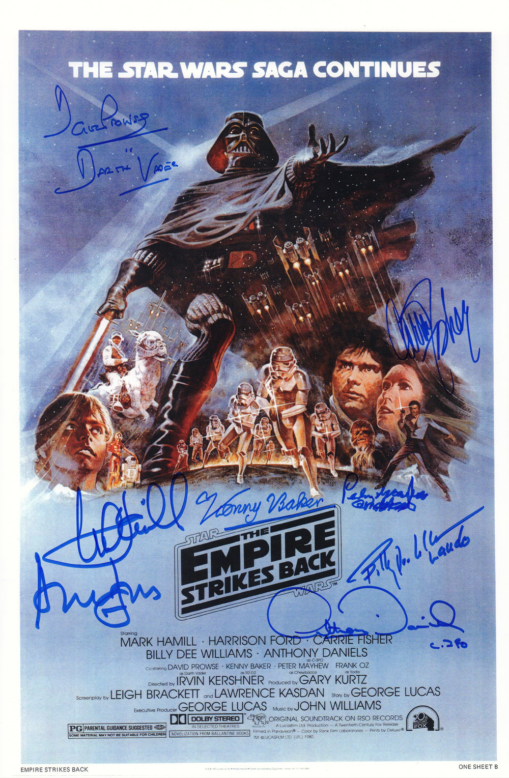 Star Wars: The Empire Strikes Back 11x17 Mini Poster (Beckett Witnessed) Cast Signed by Harrison Ford, Carrie Fisher, Mark Hamill, Peter Mayhew, Anthony Daniels, Dave Prowse, Billy Dee Williams, and Kenny Baker with Character Names