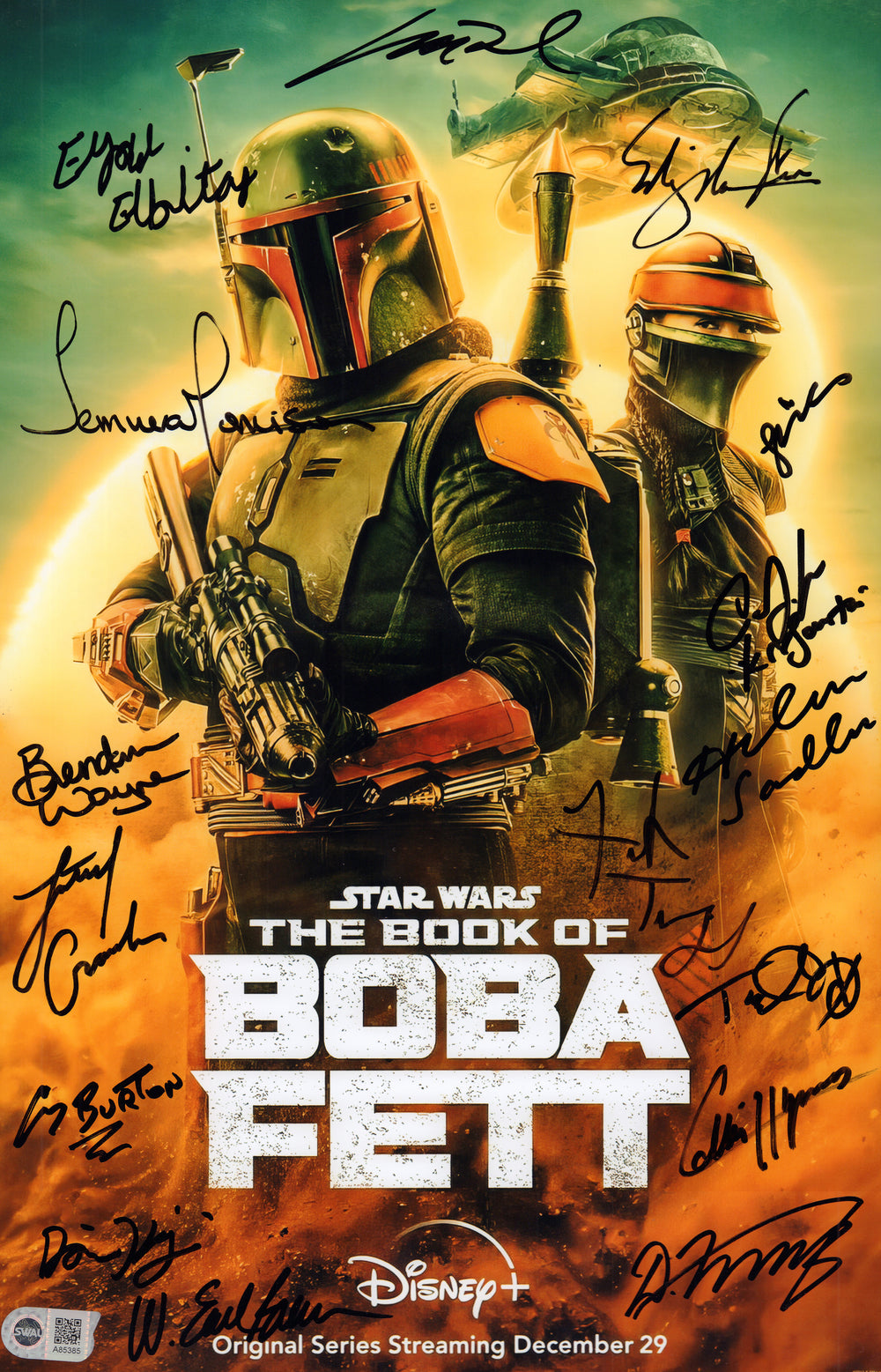 Star Wars: The Book of Boba Fett (SWAU) 11x17 Mini Poster Cast Signed by Temuera Morrison, Ming-Na Wen, Brendan Wayne, Lateef Crowder, Collin Hymes, Corey Burton, Tait Fletcher, Dmitriy Karas, Matt Wood, W. Earl Brown, & Others