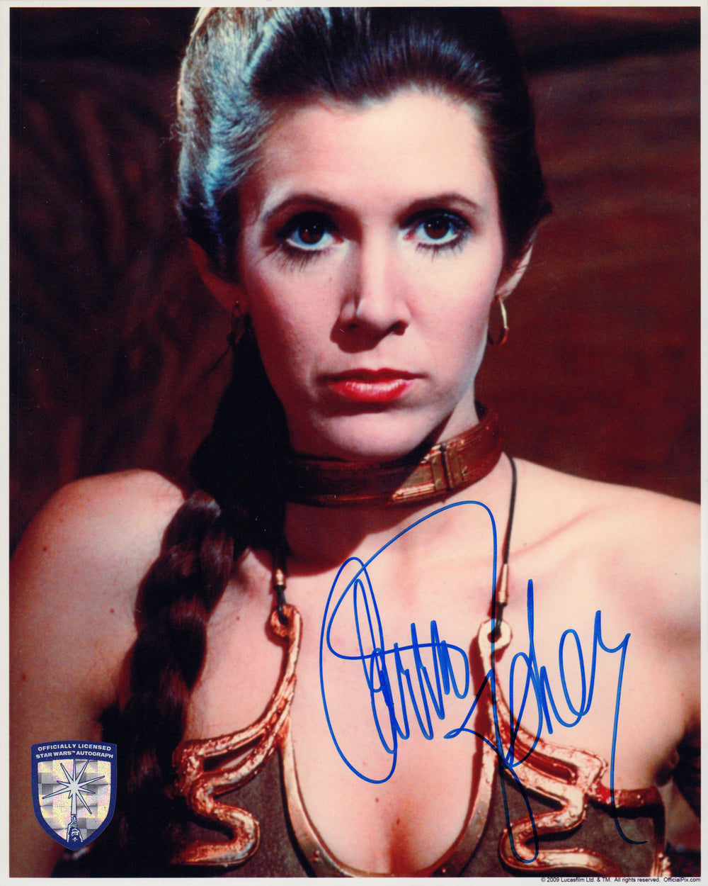 Carrie Fisher as Slave Princess Leia in Star Wars: Return of the Jedi (Official Pix Lightsaber Shield) Signed 8x10 Photo