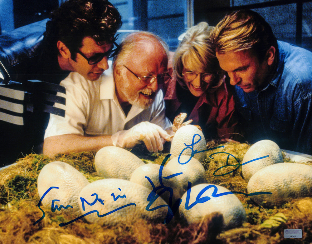 Sam Neill as Alan Grant, Laura Dern as Ellie Sattler, & Jeff Goldblum as Ian Malcolm in Jurassic Park (Celebrity Authentics) Signed 11x14 Photo