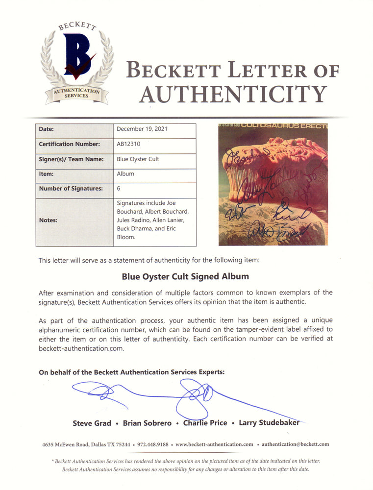 
                  
                    Blue Öyster Cult: Cultösaurus Erectus LP 12" Vinyl Record Sleeve (Beckett) Band Signed by Eric Bloom, Donald "Buck Dharma" Roeser, Allen Lanier, Joe Bouchard, Albert Bouchard, & Jules Radino
                  
                