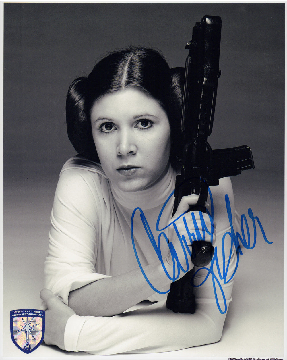 Carrie Fisher as Princess Leia in Star Wars: A New Hope (Official Pix Lightsaber Shield) Signed 8x10 Photo
