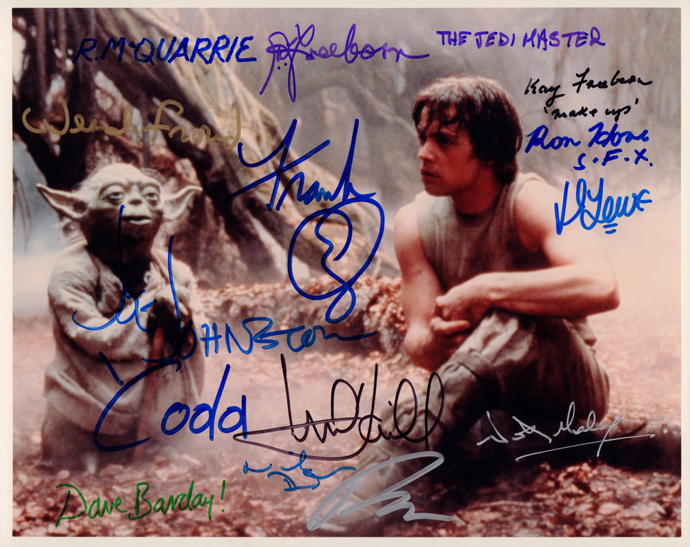 Star Wars: The Empire Strikes Back Luke with Yoda 8x10 Photo Cast Signed by Frank Oz, Mark Hamill, Wendy Froud, Dave Barclay, Joe Johnston, Ralph McQuarrie, Kay & Stuart Freeborn with Character Name