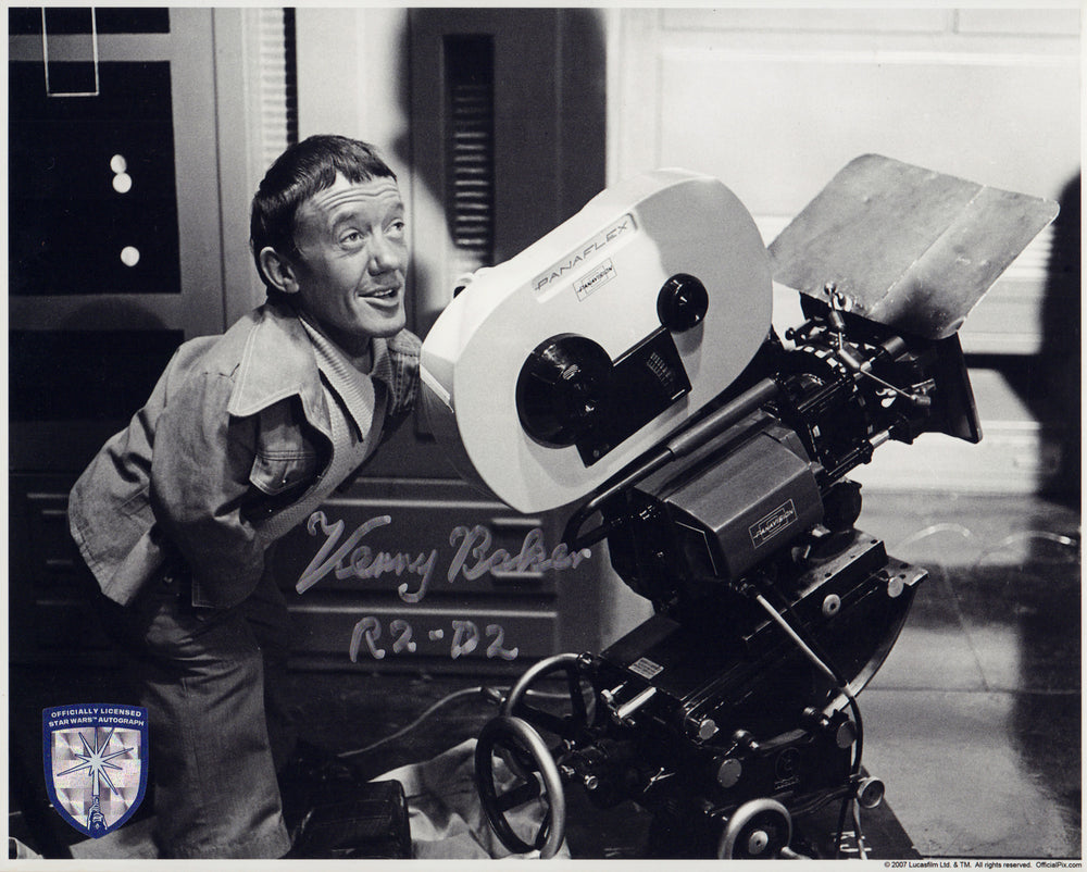 Kenny Baker with Panavision Camera Behind the Scenes of Star Wars: A New Hope (Official Pix Lightsaber Shield) Signed 8x10 Photo - Rare