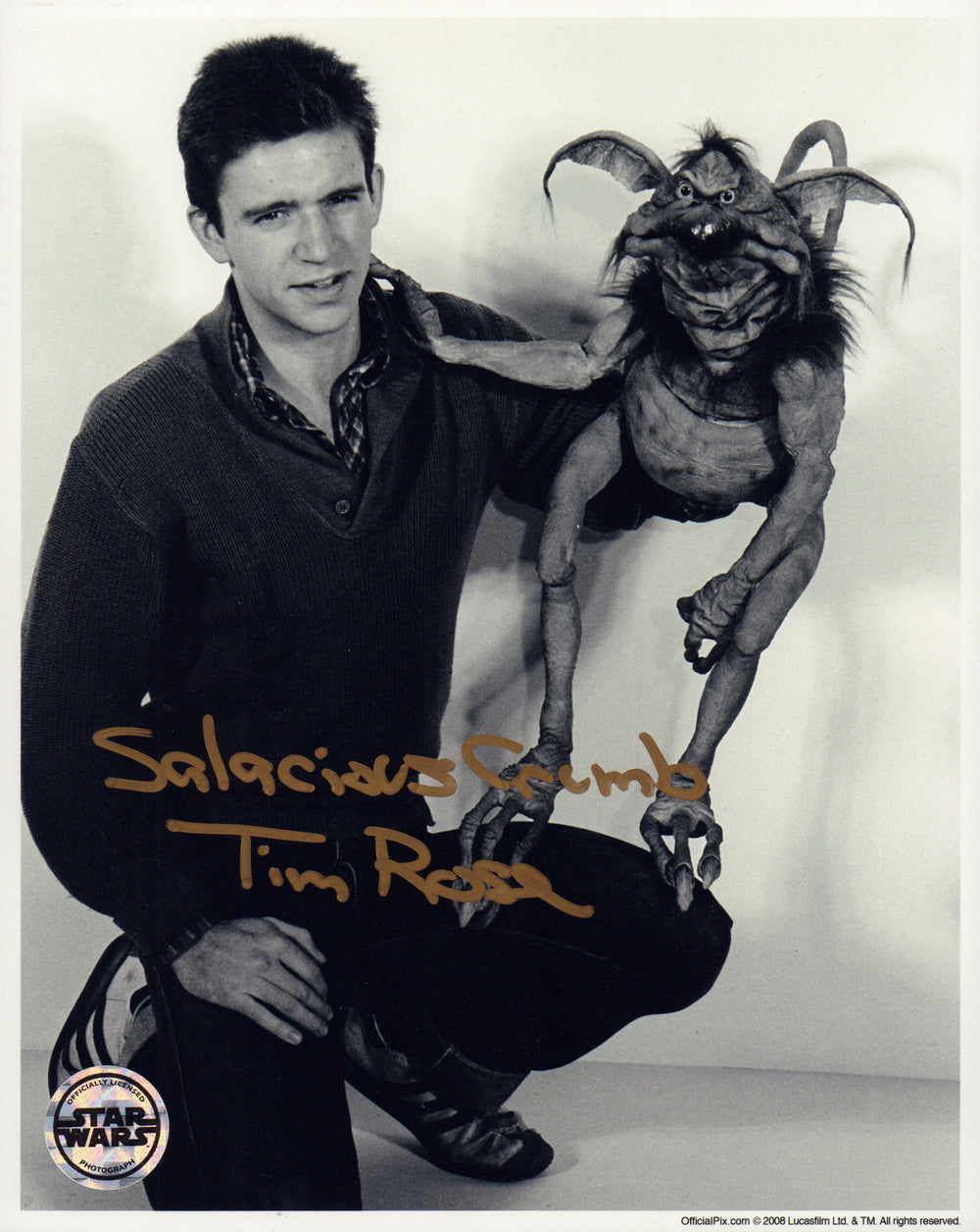 Tim Rose with Salacious B. Crumb Puppet Behind the Scenes of Star Wars: Return of the Jedi (Official Pix) Signed 8x10 Photo with Character Name