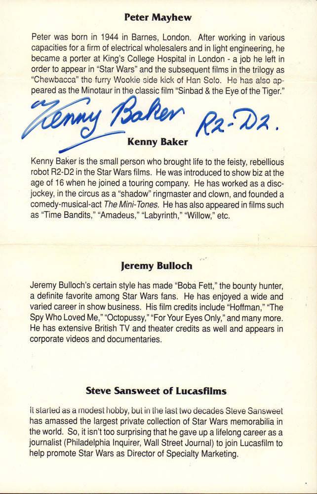 
                  
                    Kenny Baker from Star Wars & Time Bandits Signed Folded Program with Character Name
                  
                