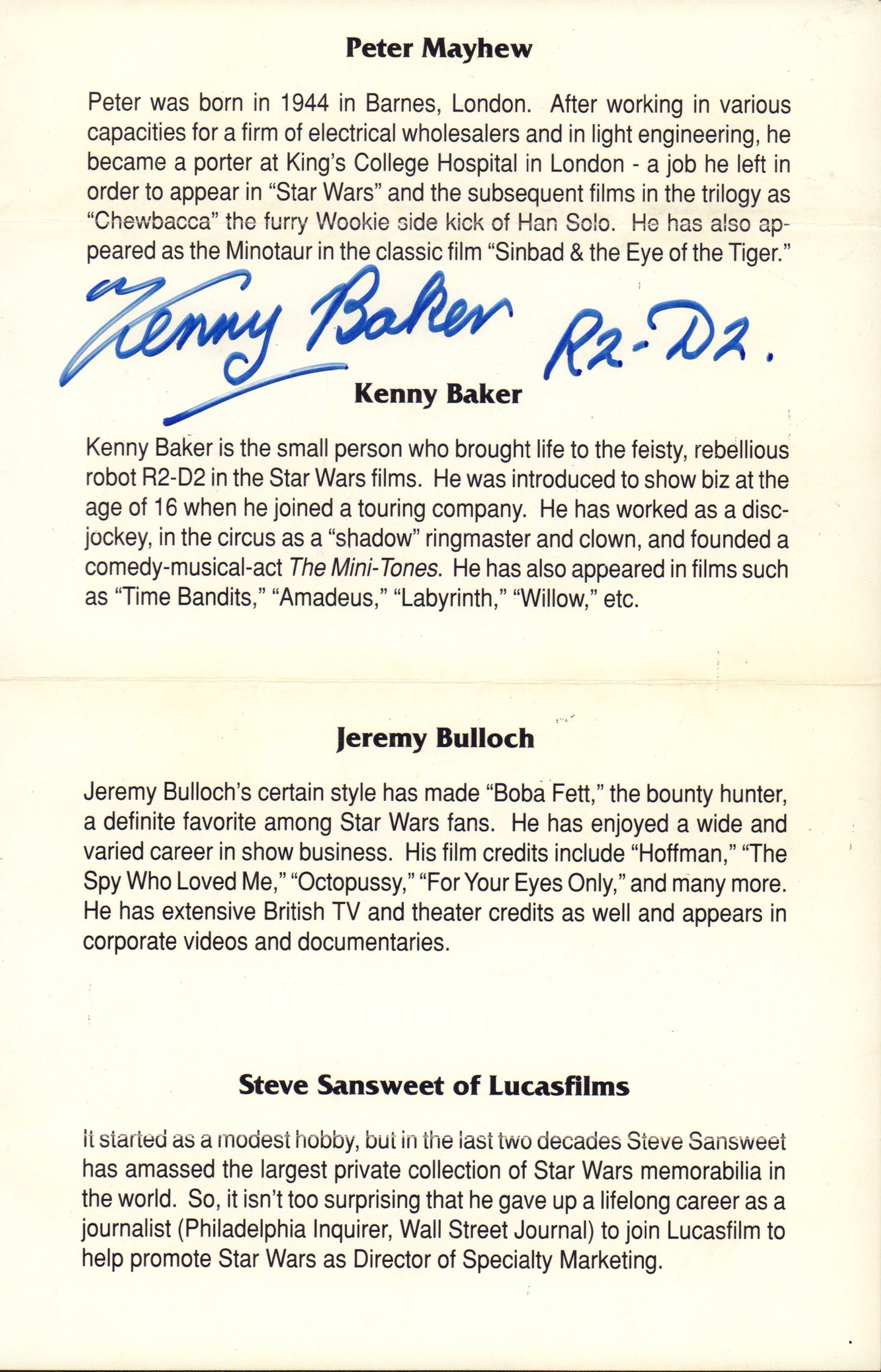 
                  
                    Kenny Baker from Star Wars & Time Bandits Signed Folded Program with Character Name
                  
                