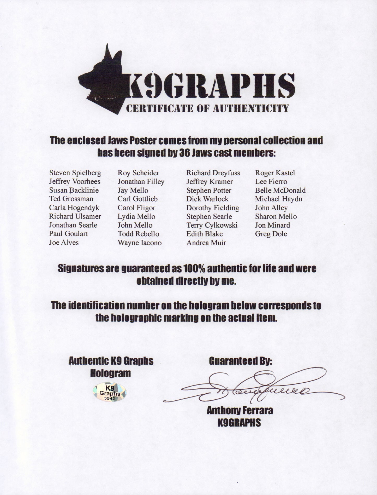 
                  
                    Jaws (K9) 27x40 Poste Cast Signed by Steven Spielberg, Roy Scheider, Richard Dreyfuss, Carl Gottlieb, Jeffrey Kramer, Lee Fierro, Roger Kastel, Jonathan Filley, Jay Mello, Stephen Potter, Belle McDonald, Dick Warlock, Michael Haydn, Carol Fligor, & More
                  
                