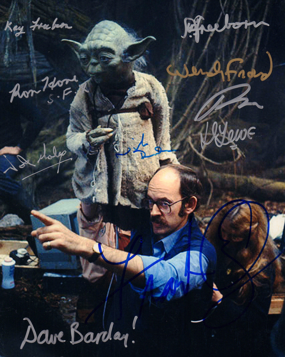 Star Wars: The Empire Strikes Back Yoda Behind the Scenes 8x10 Photo Cast Signed by Frank Oz, Wendy Froud, Dave Barclay, Ron Hone, Nick Maley, Dennis Lowe, Bob Keen, Nick Dudman, Kay & Stuart Freeborn