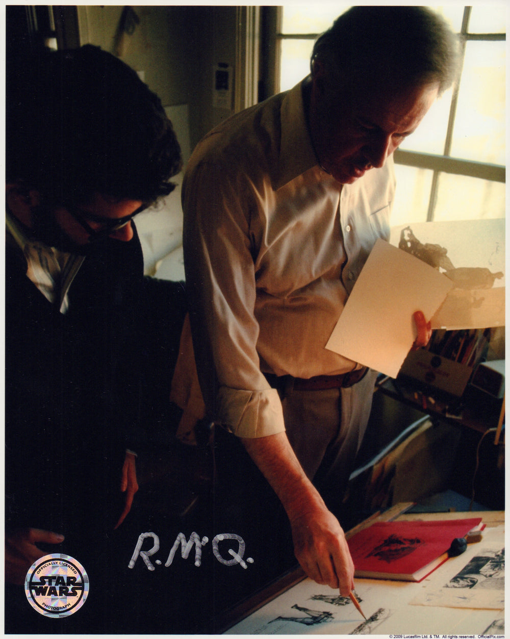 Ralph McQuarrie Concept Artist for Star Wars in His Studio with George Lucas (Official Pix) Signed 8x10 Photo
